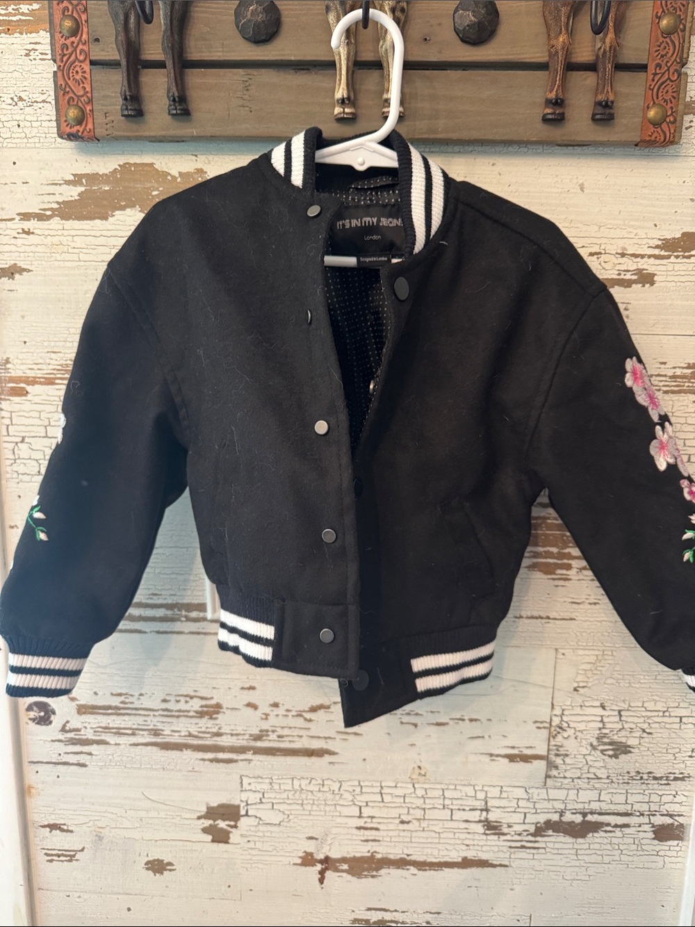 Girls' Black Floral-Sleeve Bomber Jacket by